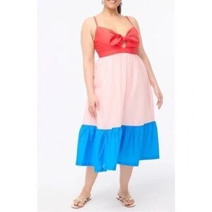 NWT J. CREW womens size 14 red pink blue colorblack tie front a line midi dress
